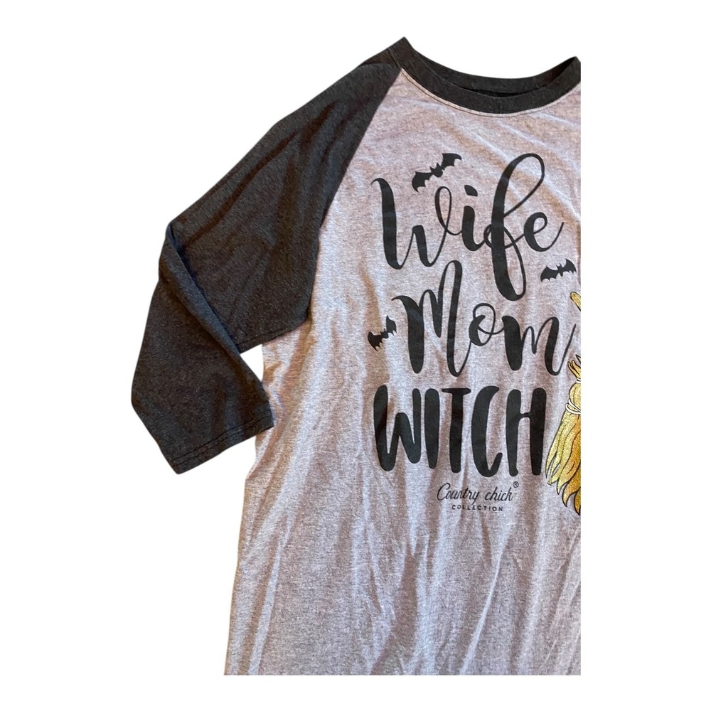 Country Chick Wife Mom Witch Raglan Shirt Womens Medium Gray Gold Broom Graphic - Picture 3 of 8